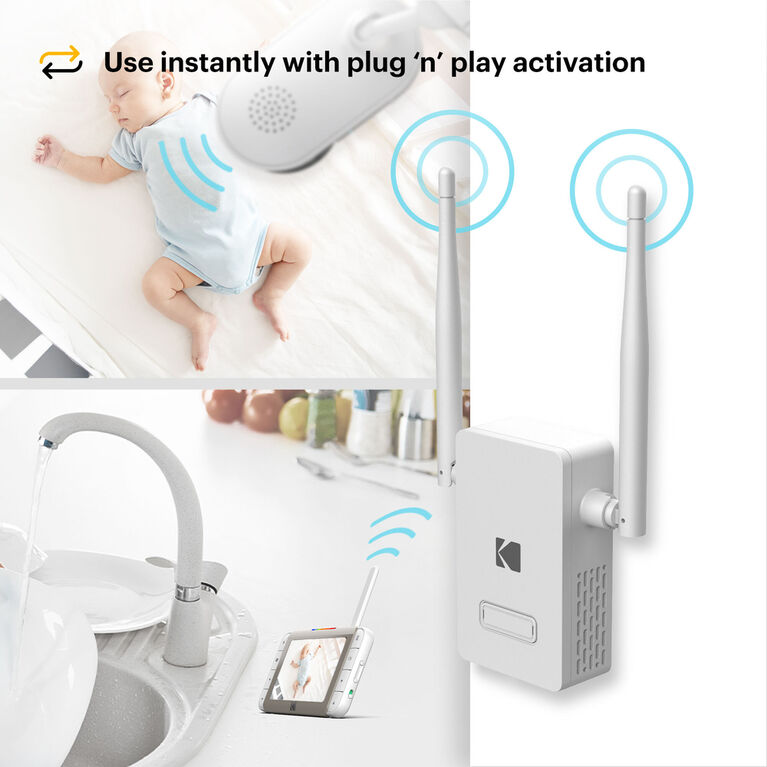 Amplificateur de signal pour moniteur vidéo pour bébé KODAK CHERISH R100 - surface couverte avancée (jusqu'à 450 m) avec 10 appareils, amplificateur Wi-Fi 300 Mb/s, cryptage 62/128 bits.