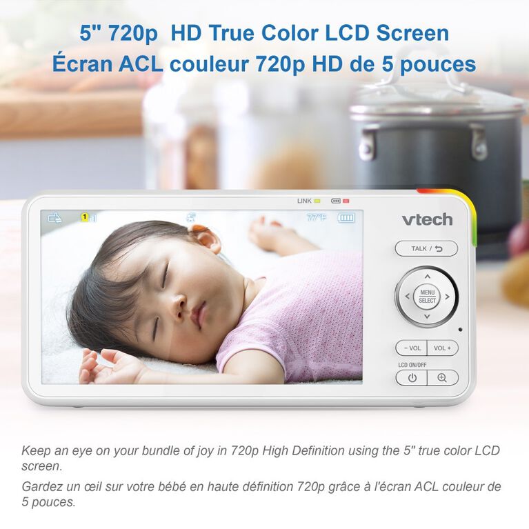 VTech RM5766HD, Moniteur de bébé vidéo intelligent 1080p avec accès à distance de 360 degrés à panoramique et inclinaison haute définition de 720p à écran de 5 po, vision nocturne (blanc)