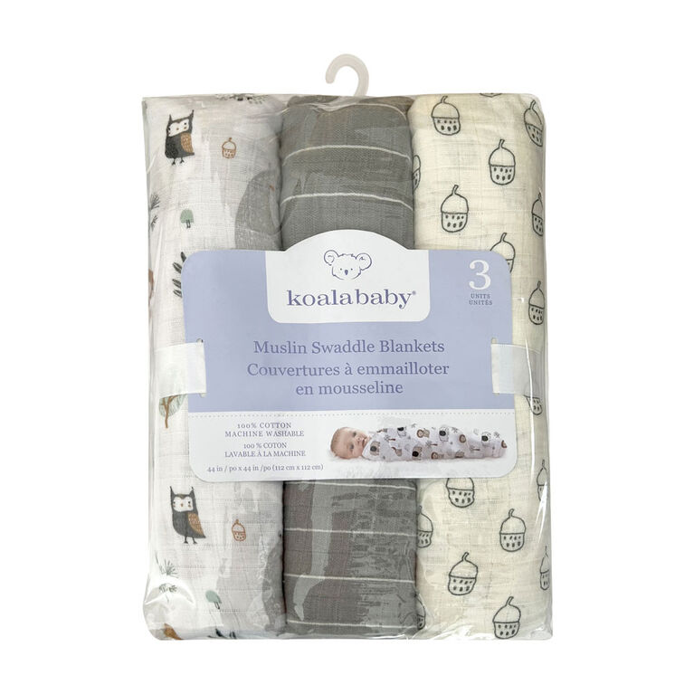 Koala Baby - 3 Pk  Grey Woodland Muslin Swaddle