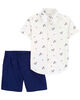 Carter's Two Piece Car Button Down Shirt and Short Set White 24M