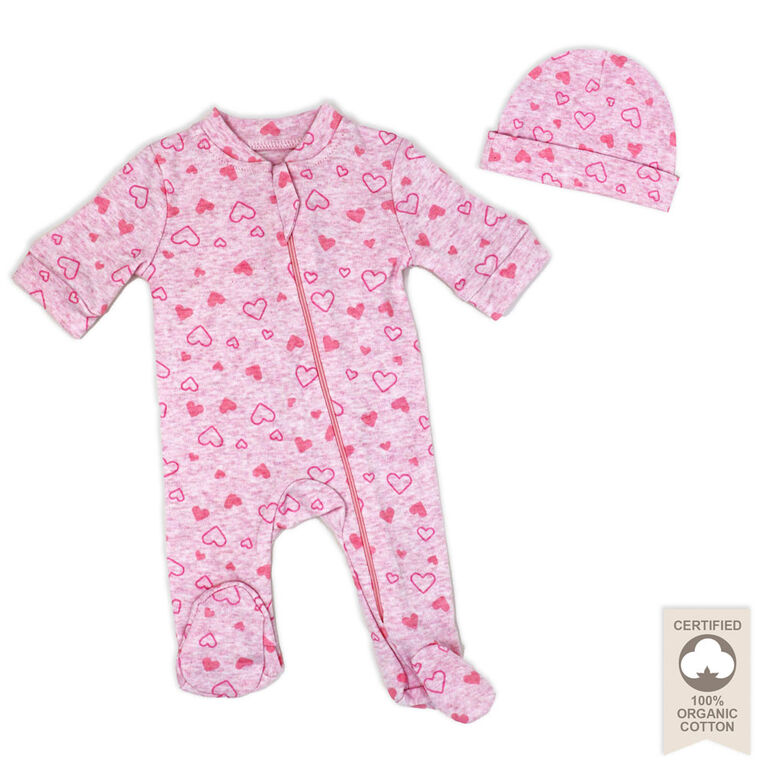 Freshly Made by Tendertyme Pink Heart Organic Cotton Heather Sleeper with Cap- Preemie