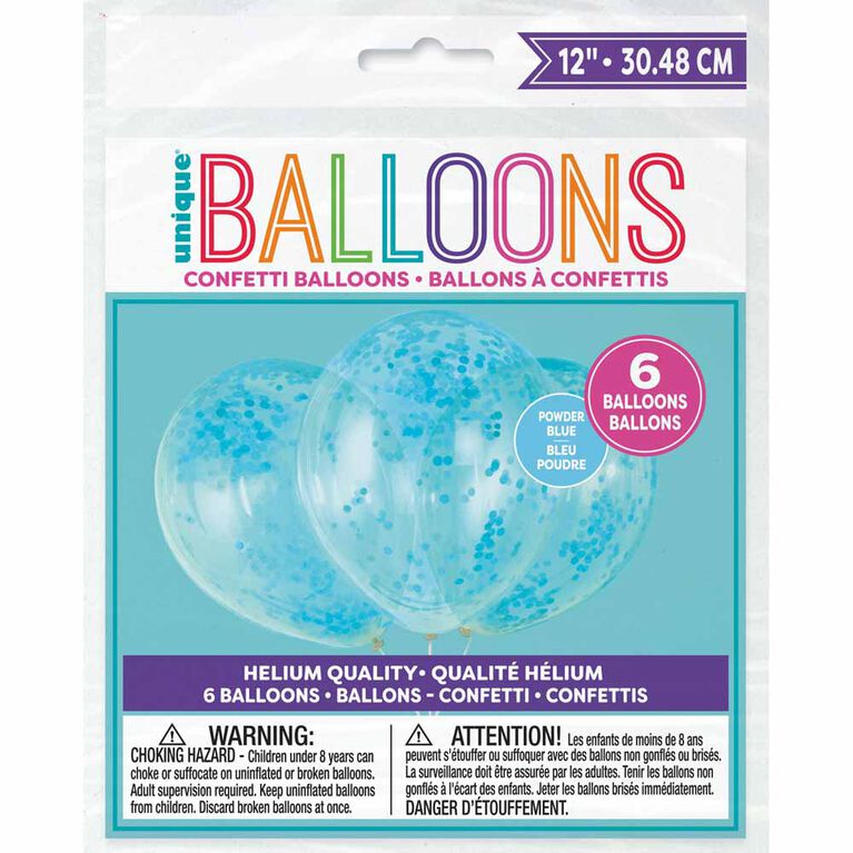 6 Ballons Transparents En Latex Avec Confettis Bleu Poudre 12 ``- Pré-Remplis
