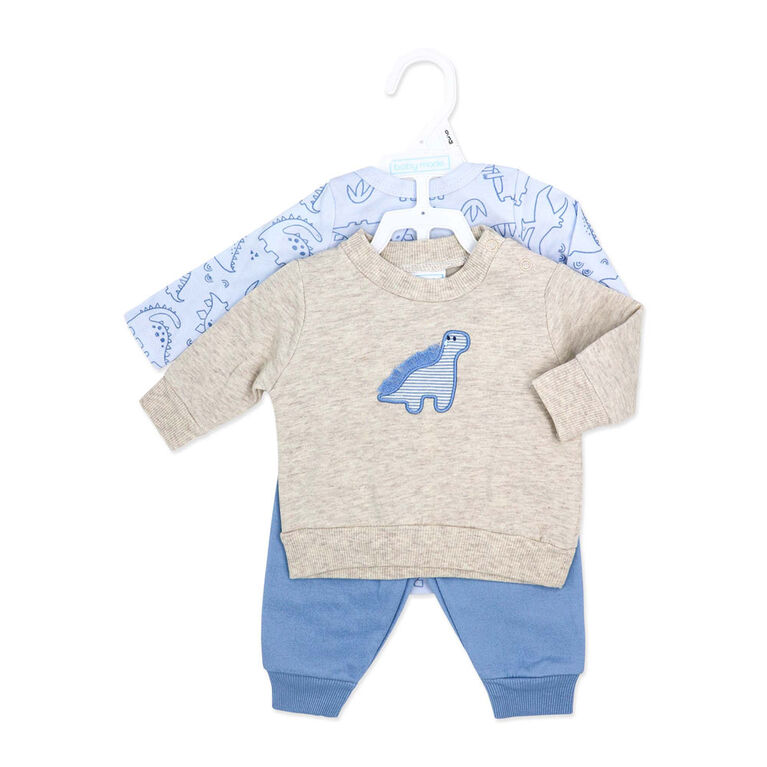 Baby Mode 3 Piece Fleece Jogger Set:Blue Dinosaur
