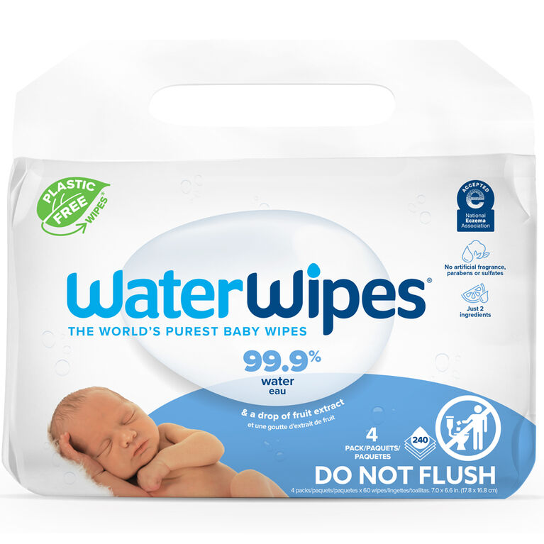 Lingettes pour bébés originales sans plastique WaterWipes, lingettes à base  d'eau à 99,9 %, non parfumées, sans fragrance et hypoallergéniques pour les  peaux sensibles, 240 unités (4 paquets), l'emballage peut varier