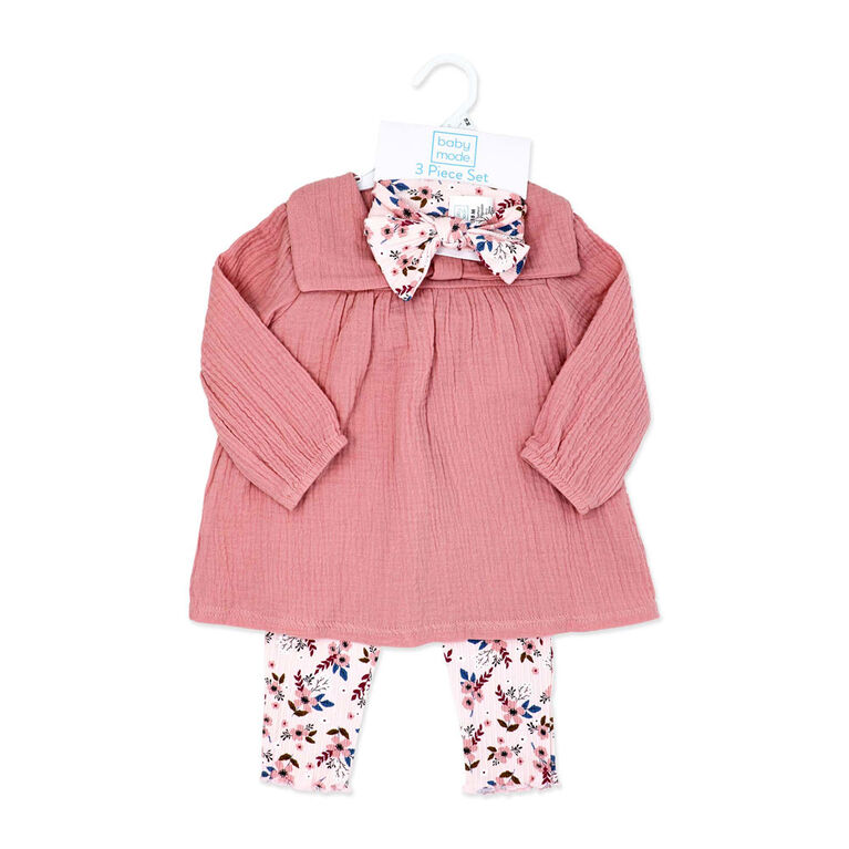 Baby Mode Ensemble haut et legging en gaze 3 pièces : motif floral rose, 12 mois