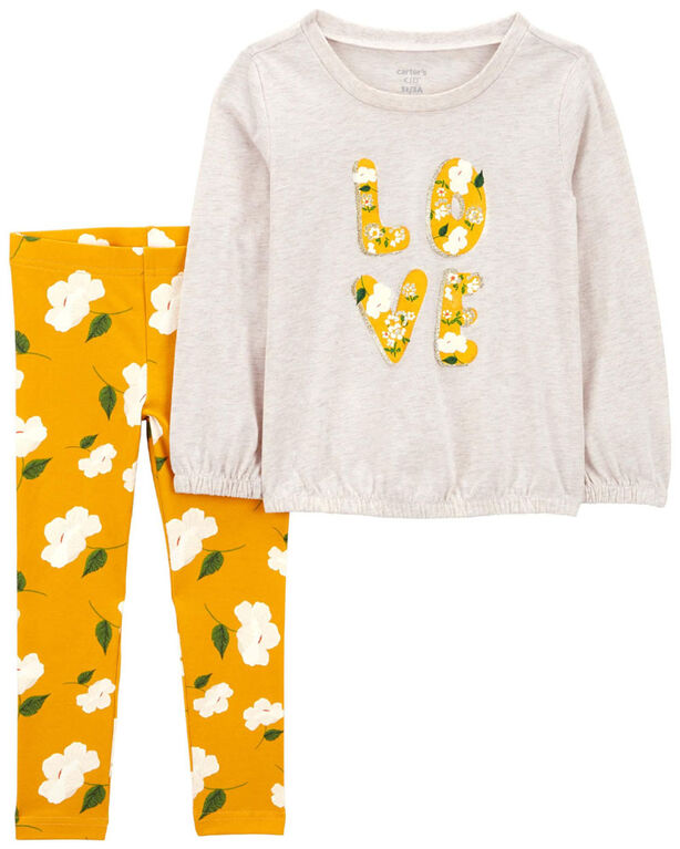 Carter's Two Piece Ivory "Love" Top and Floral Pant Set Yellow  5T