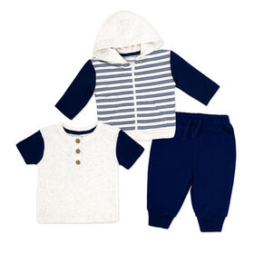 Baby Mode 3 Piece French Terry Jogger Set: Navy Stripe 6-9M