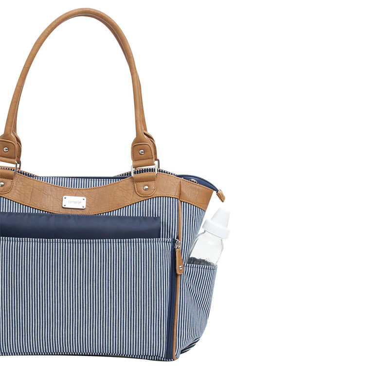 Carter's Zip Down Front Convertible Tote Diaper Bag Blue & White Ticking Stripes Babies R Us