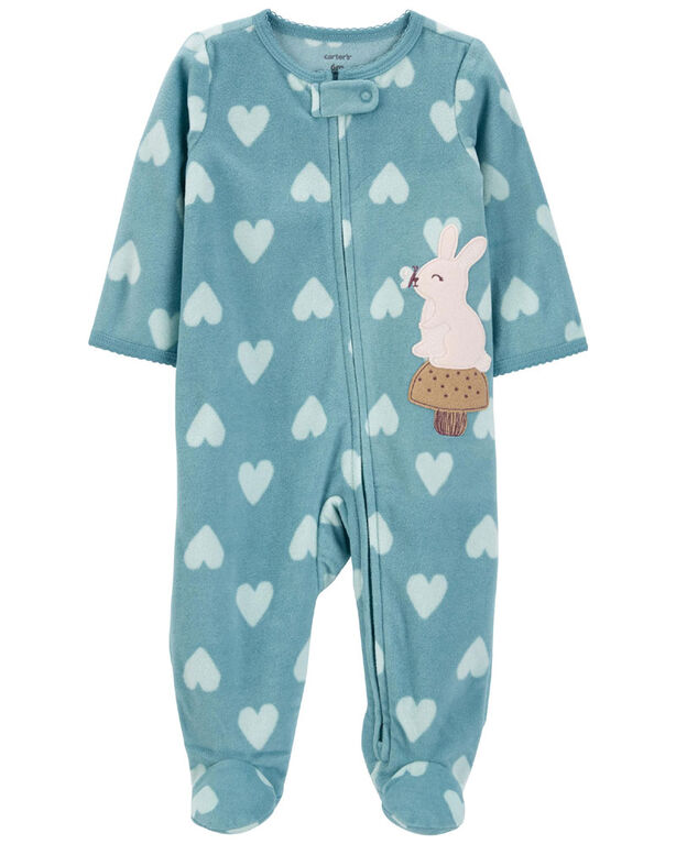 Carter's Bunny Heart Zip Up Fleece Sleep And Play Teal  6M