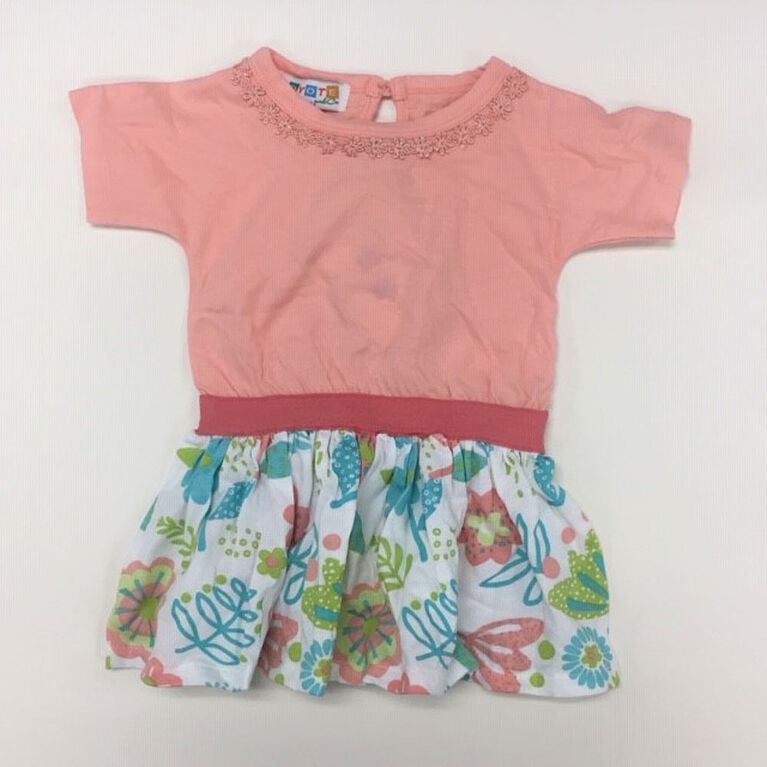 Coyote and Co. Salmon Pink and Multi Print Short Sleeve Tee Dress - size 0-3 months