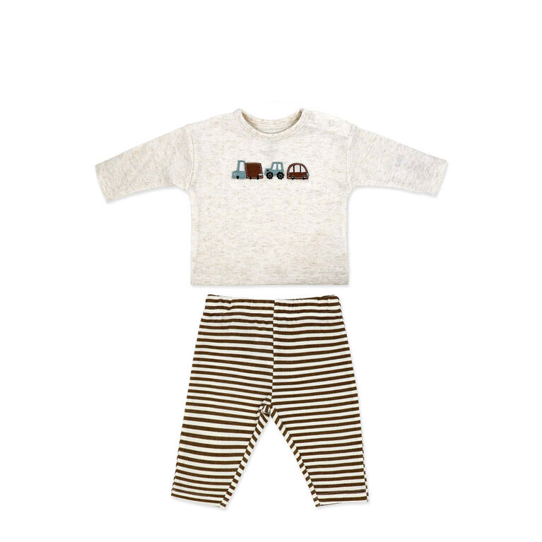 Baby Mode 3 Piece Waffle Pant and Hat Set: Tan Transportation 12M