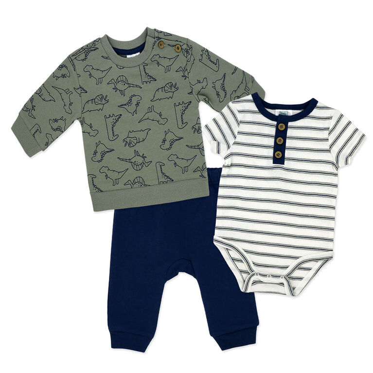 Baby Mode 3 Piece French Terry Set: Green Dinosaur