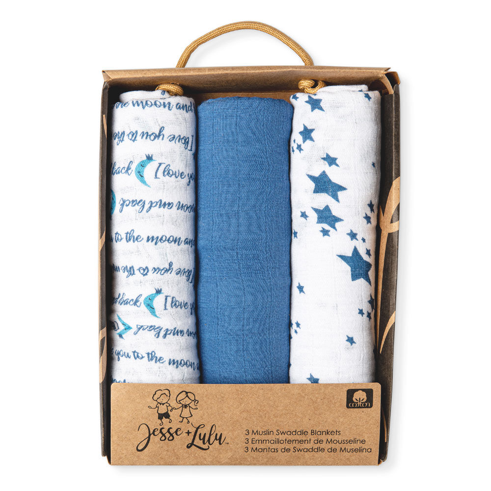 Jesse Lulu Blue Galaxy Cotton Muslin Swaddle Blanket Set Of 3