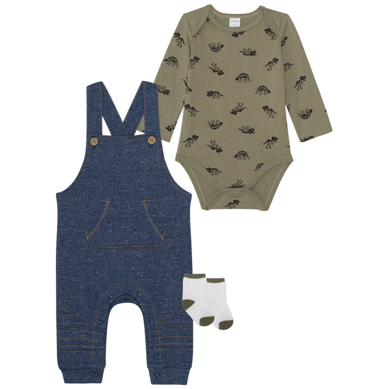Petit Lem Baby Boy s 3 Piece Printed Diaper Shirt Overalls Socks Set Green Dino Size 6 Months