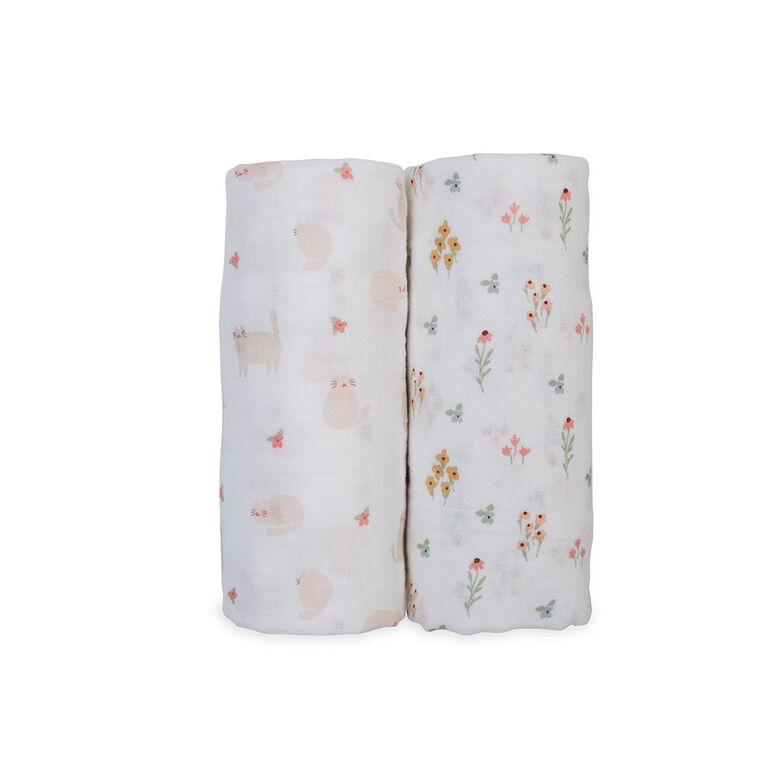 Lulujo - 2 Pack Cotton Muslin Swaddles - Kitty+Flower