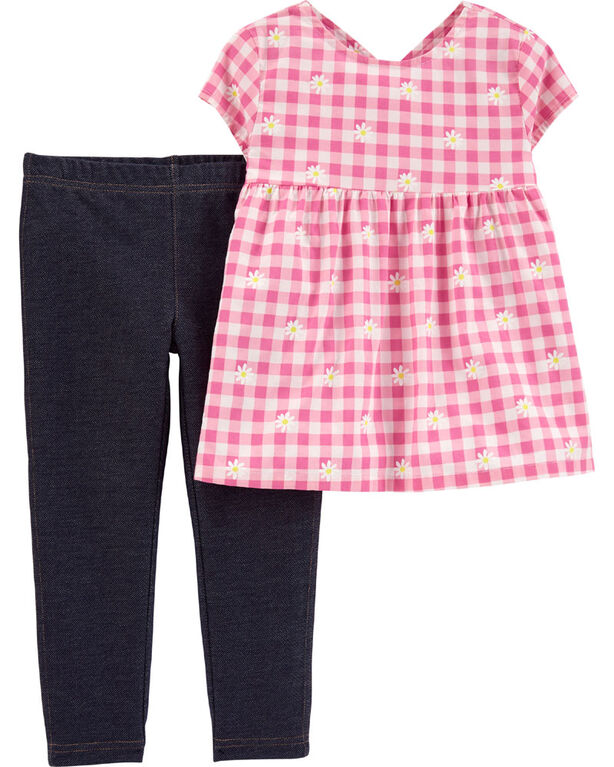Carter’s 2-Piece Floral Gingham Top & Knit Denim Legging Set - Pink/Navy, Newborn