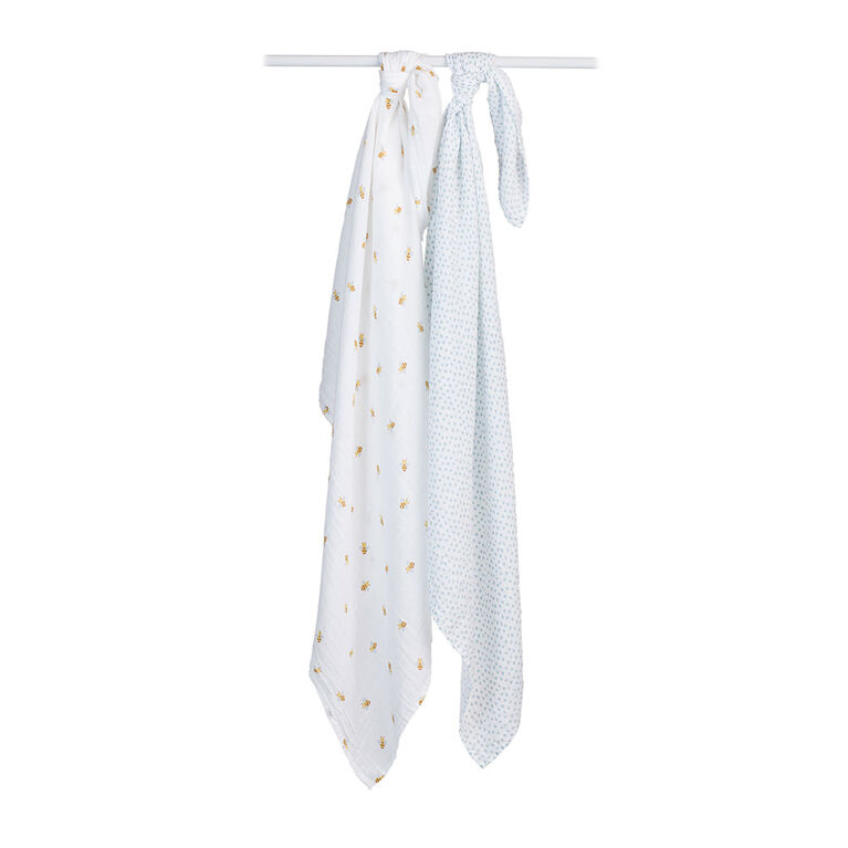 Lulujo - Cotton Muslin Swaddles 2 Pack - Bees + Blue Dots