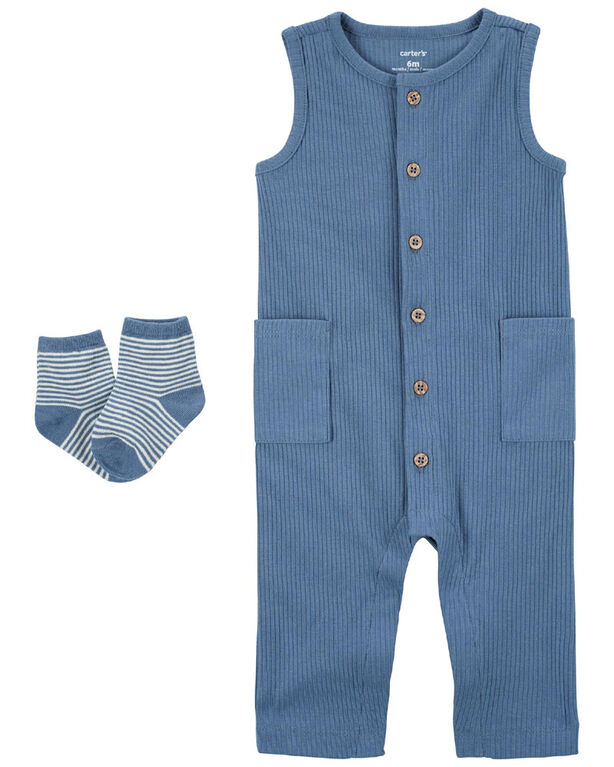 Carter's Two Piece Jumpsuit And Socks Set Blue  9M