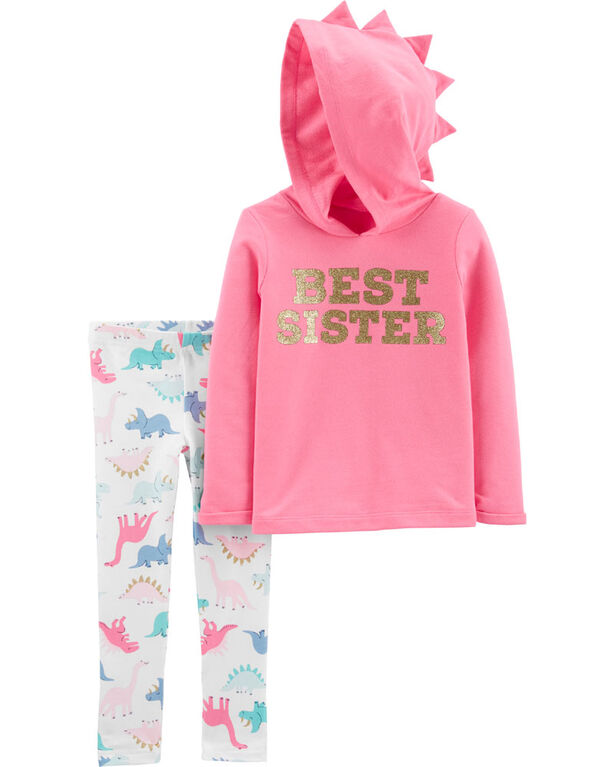 Carter’s 2-Piece Glitter Best Sister Hoodie & Dinosaur Legging Set - Pink, 3 Months