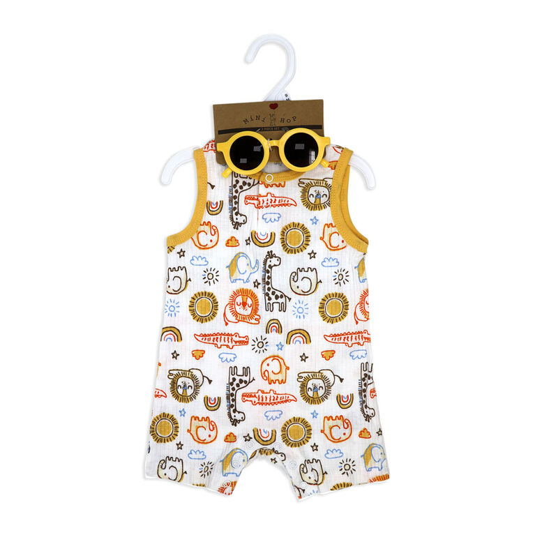 Mini Hop Rib Romper with Sunglasses:Yellow Zoo Animals