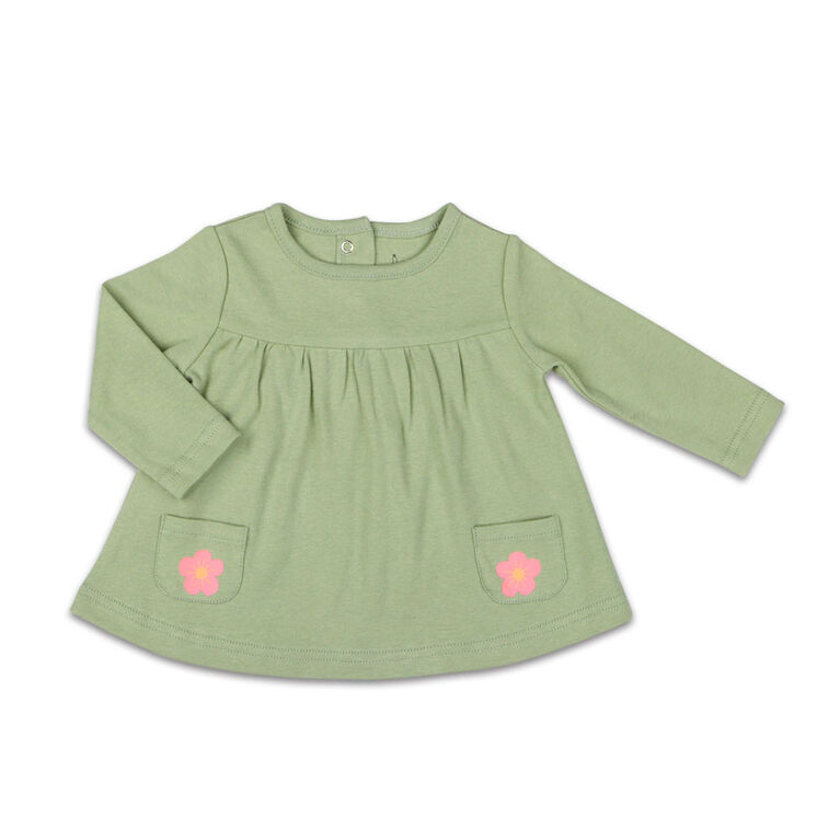 The Peanutshell Baby Girl Layette Mix & Match Sage Flower Long Sleeve Shirt with Pocket - 0-3 Months