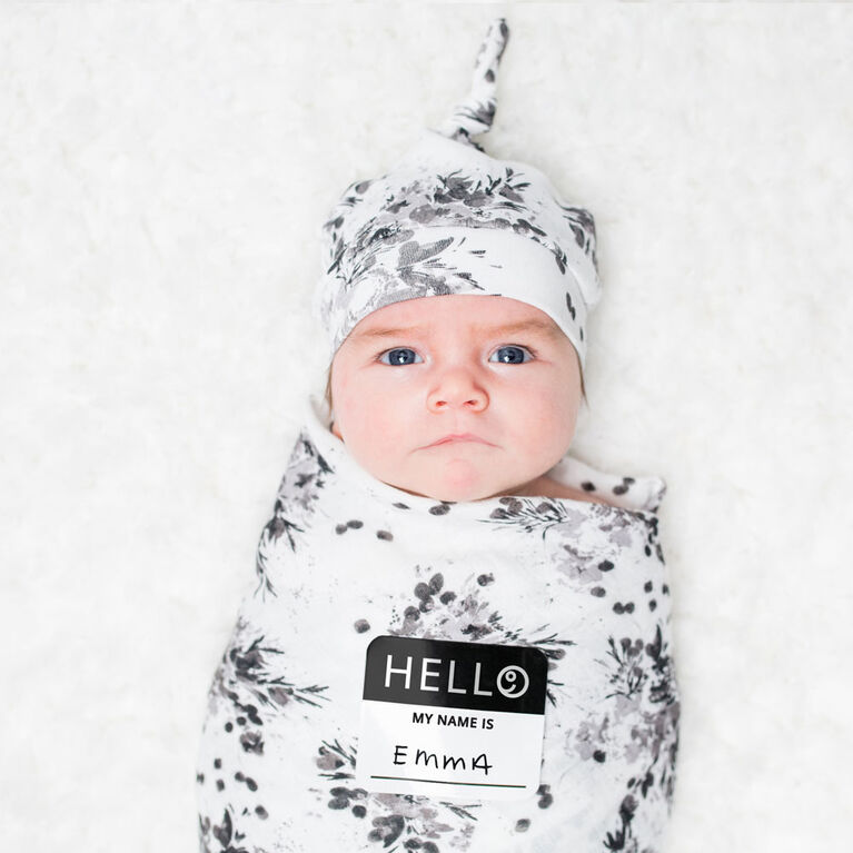 Lulujo Baby Hello World Newborn Bamboo Hat and Swaddle Blanket Set Black Floral