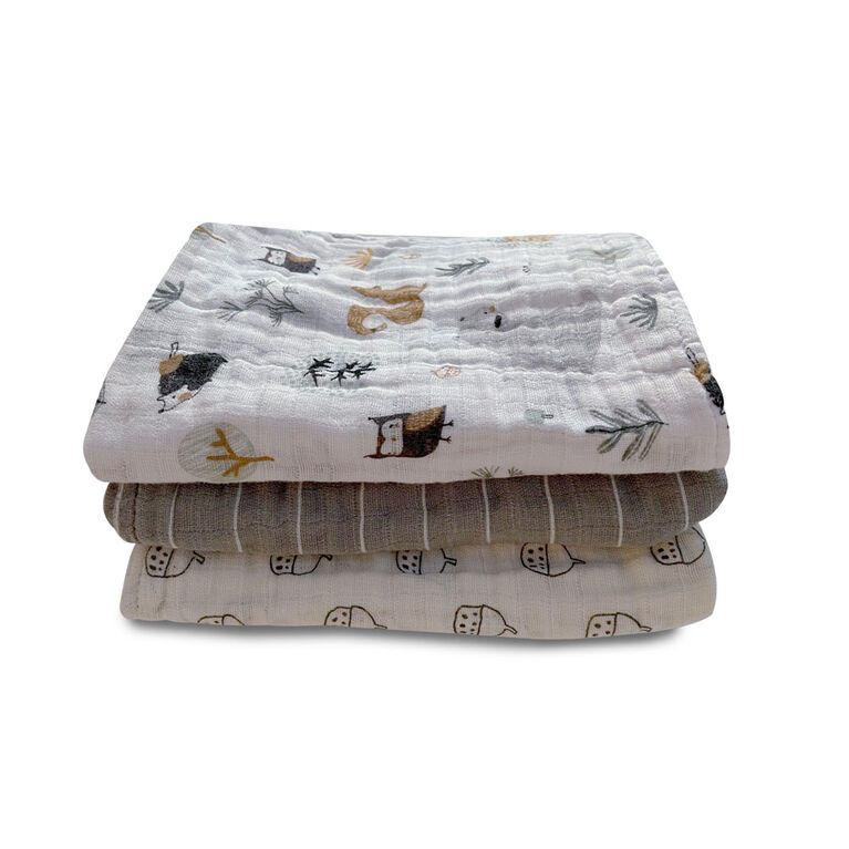 Koala Baby - 3 Pk  Grey Woodland Muslin Burpcloth