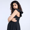 Motherhood Ruffle Sleeve Smocked Bodice Midi Dress-Black