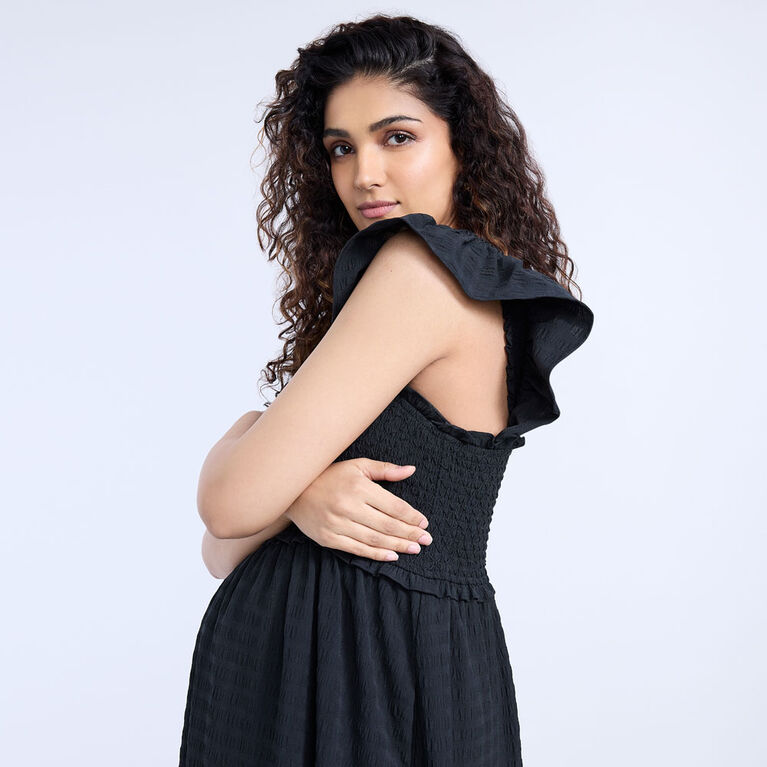 Motherhood Ruffle Sleeve Smocked Bodice Midi Dress-Black