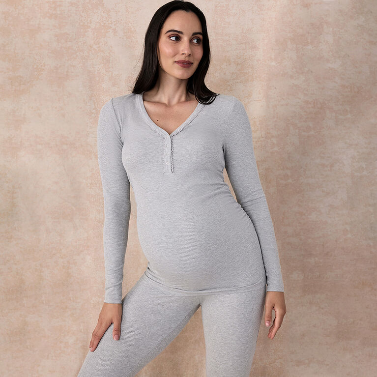 Motherhood - Long Sleeve Snap Henley Nursing Top - Grey Mix - L