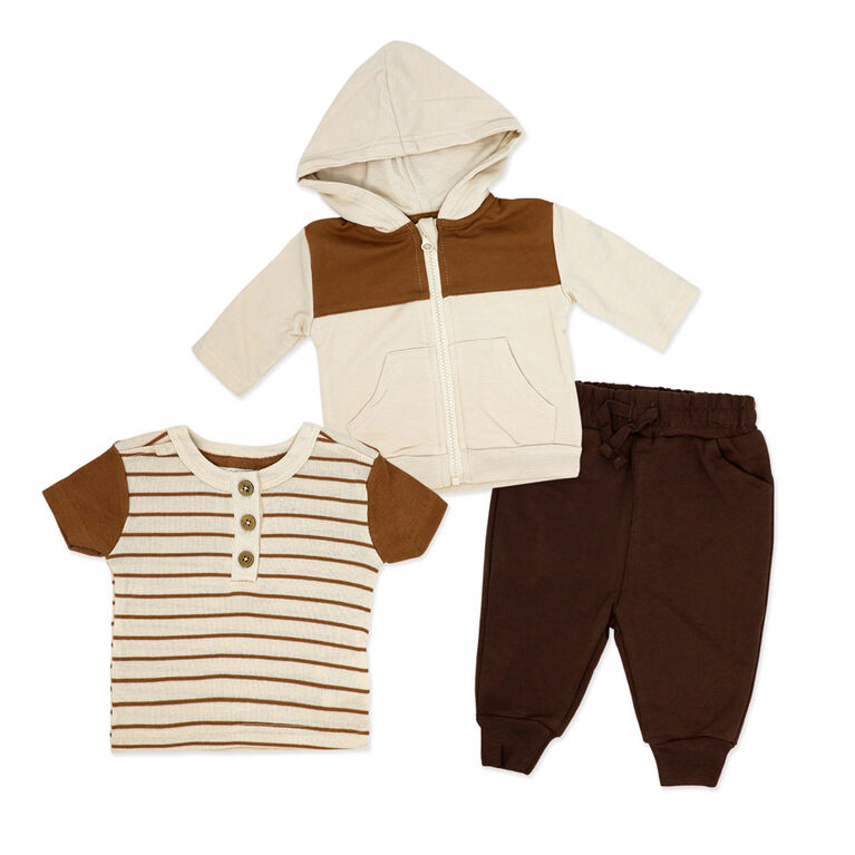 Baby Mode Ensemble de jogging 3 pi&egrave;ces en molleton : rayures marron, 12 mois