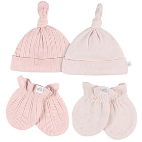 Just Born - 4 Piece Hat+Mitten Set - Pink 0-6M