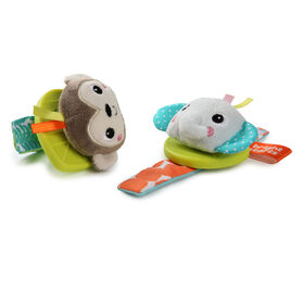 hochets à porter de Bright Starts Rattle and Teethe Wrist Pals - Monkey and Elephant