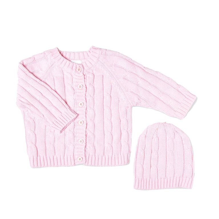 Baby Mode Signature Two Piece Cardigan and Hat Set Pink: 0-6M