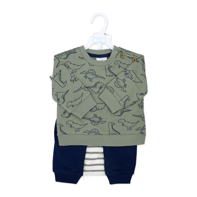 Baby Mode 3 Piece French Terry Set: Green Dinosaur