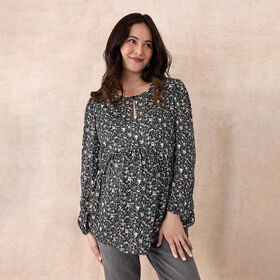 Motherhood - Long Sleeve Keyhole Blouse - Black print - L