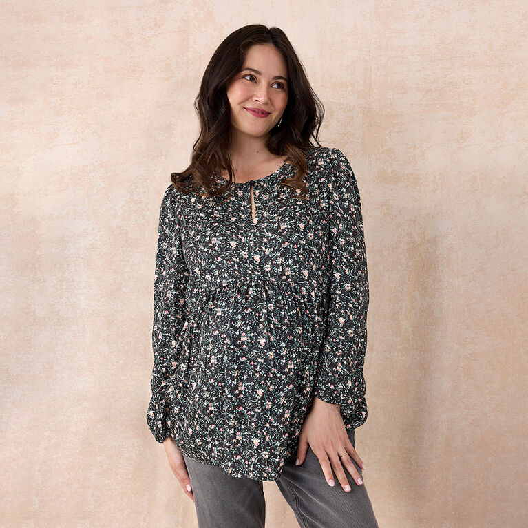 Motherhood - Long Sleeve Keyhole Blouse - Black print - L