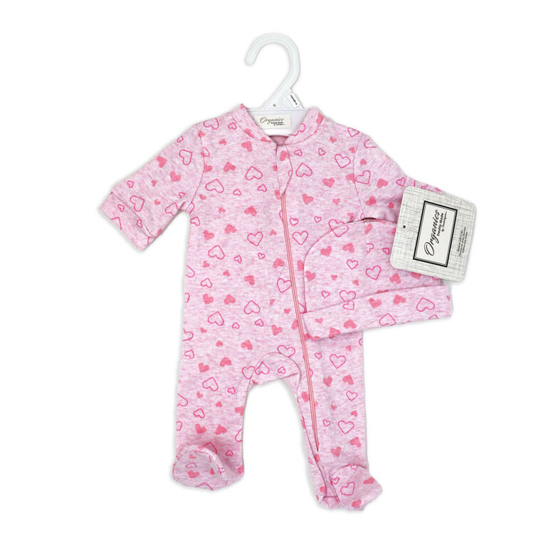 Freshly Made by Tendertyme Pink Heart Organic Cotton Heather Sleeper with Cap- Preemie