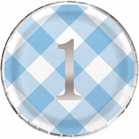 Blue Gingham 1st Birthday Assiettes 9po, 8un