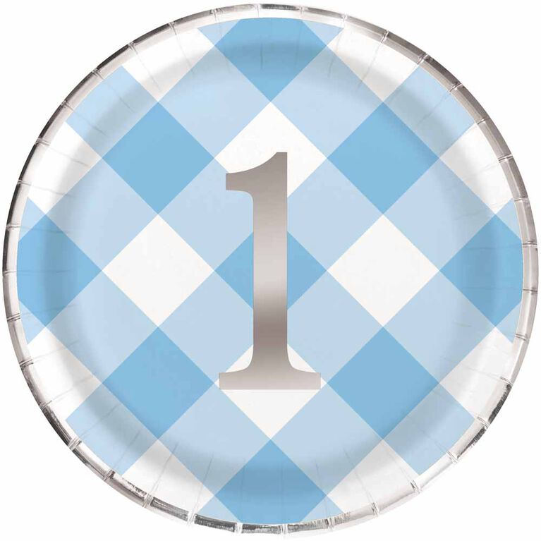 Blue Gingham 1st Bday 9"  Plates 8 pieces