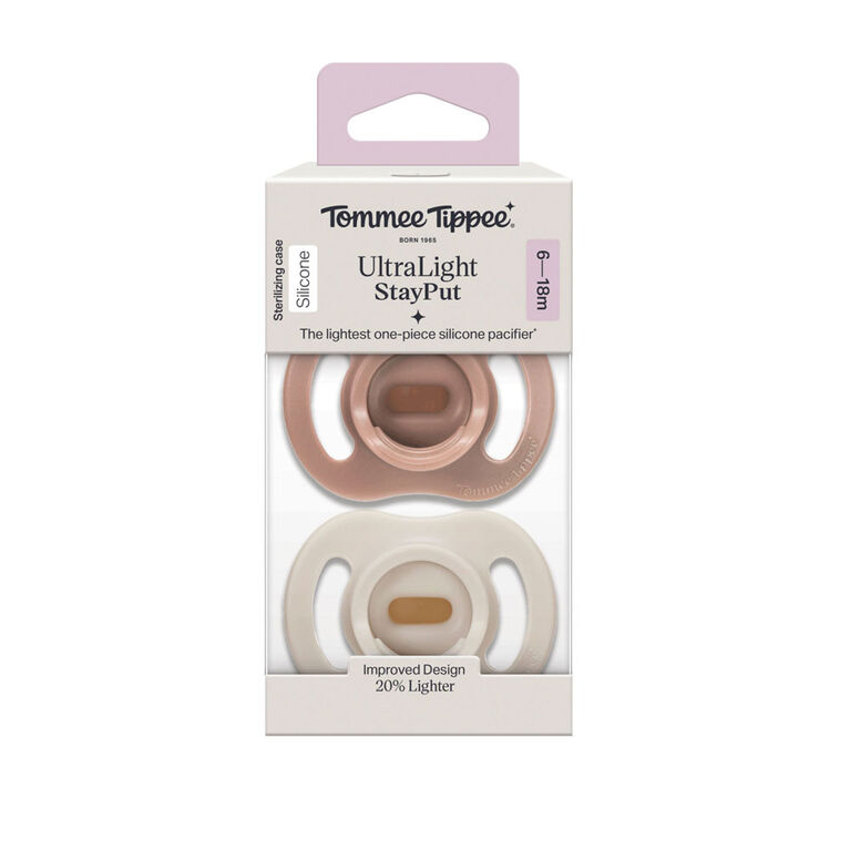 Tommee Tippee Ultra-light StayPut Pacifier, 6-18m, 2 Count, One-Piece Silicone Design