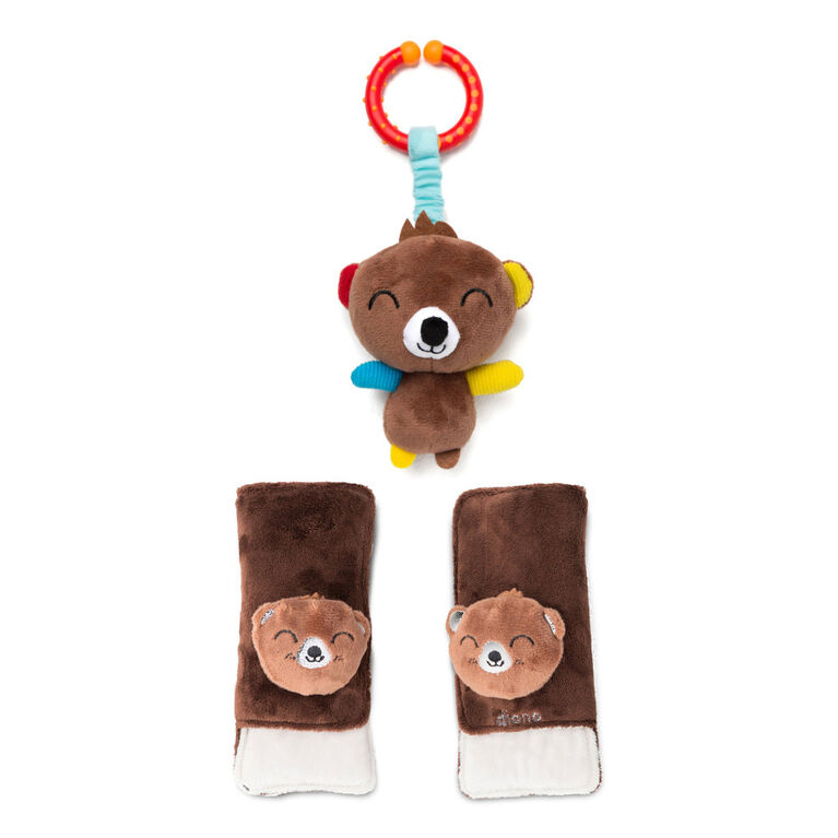 Diono Bear Character Car Seat Straps & Linkee Toy, Shoulder Pads for Baby, Infant, Toddler, 2 Pack Reversible Soft Seat Belt Cushion and Stroller Harness Covers Helps Prevent Strap irritation