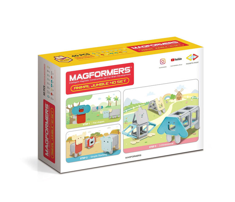 Magformers - Coffret My First Animal Jumble de 40 pièces, couleurs pastel