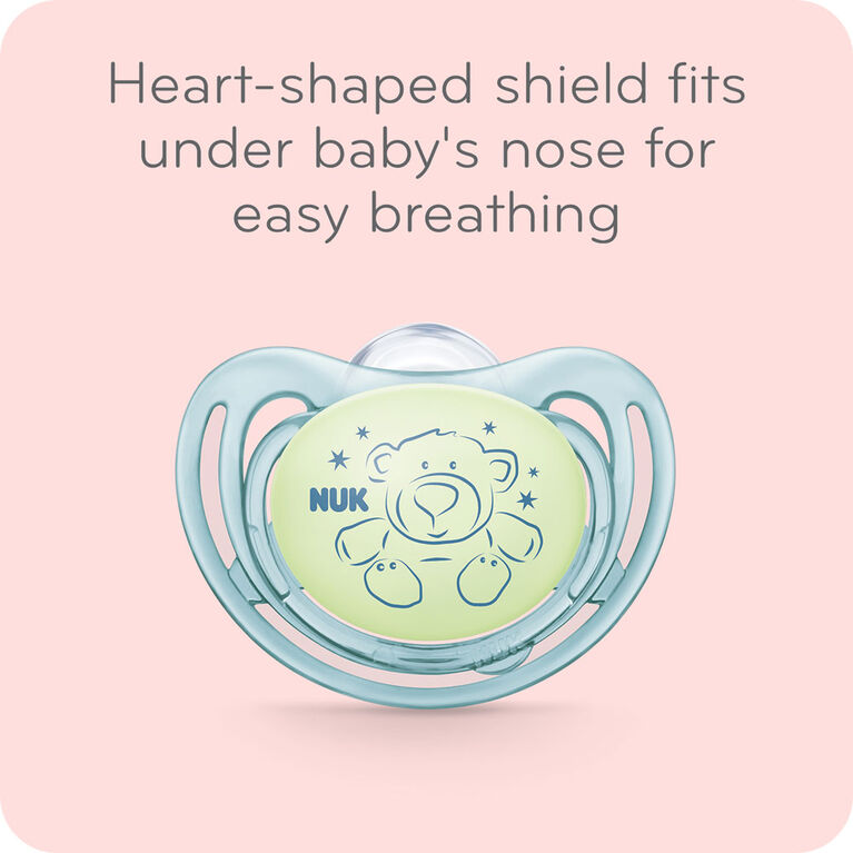 NUK Airflow Glow-in-the-Dark Pacifiers, 0-6 Months, 2 Pack, Assorted Colors