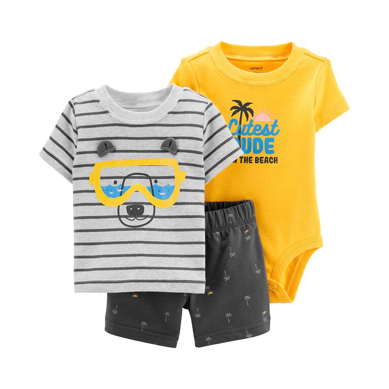 Ensemble 3 pi&egrave;ces short &agrave; ourson Carter's - jaune, 9 mois