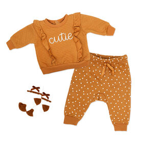 Baby Mode 3 Piece Quilted Jogger Set: Brown Cutie 3-6M