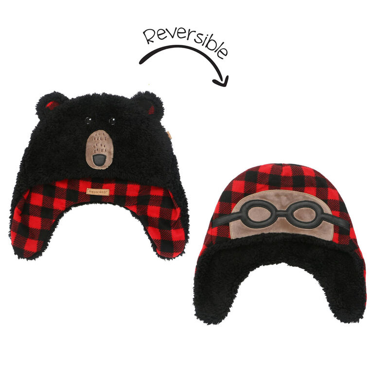 FlapJackKids - Baby, Toddler, Kids, Boys Reversible Sherpa Fleece Hat - Double Layered - Black Bear/Aviator - Small 6-24 months