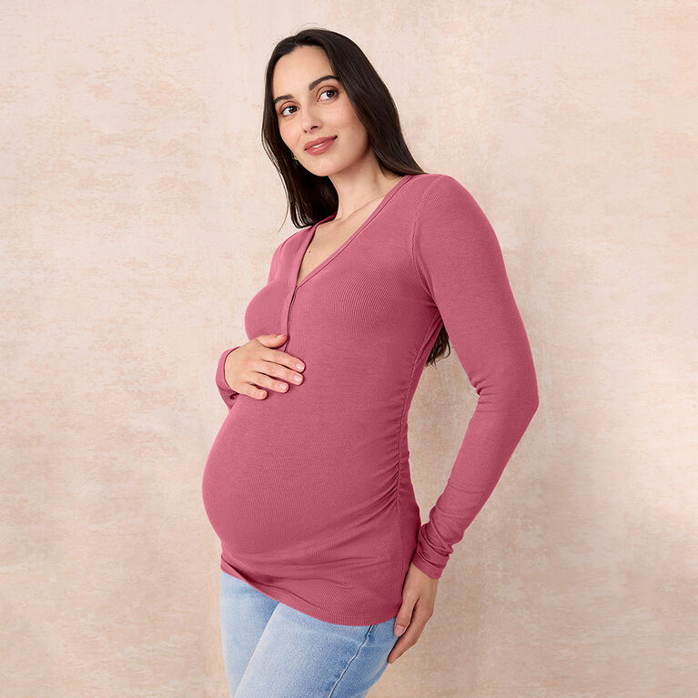 Motherhood - Long Sleeve Snap Henley Nursing Top - Red Violet - L