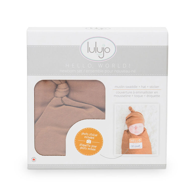 Lulujo Ensemble chapeau et couverture en bambou pour bébé nouveau-né Hello World Bronzer