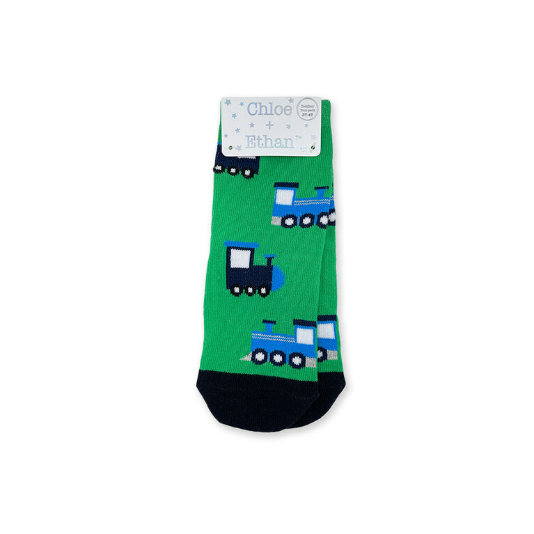 Chloe + Ethan - Toddler Socks, Green Trains, 2T-3T